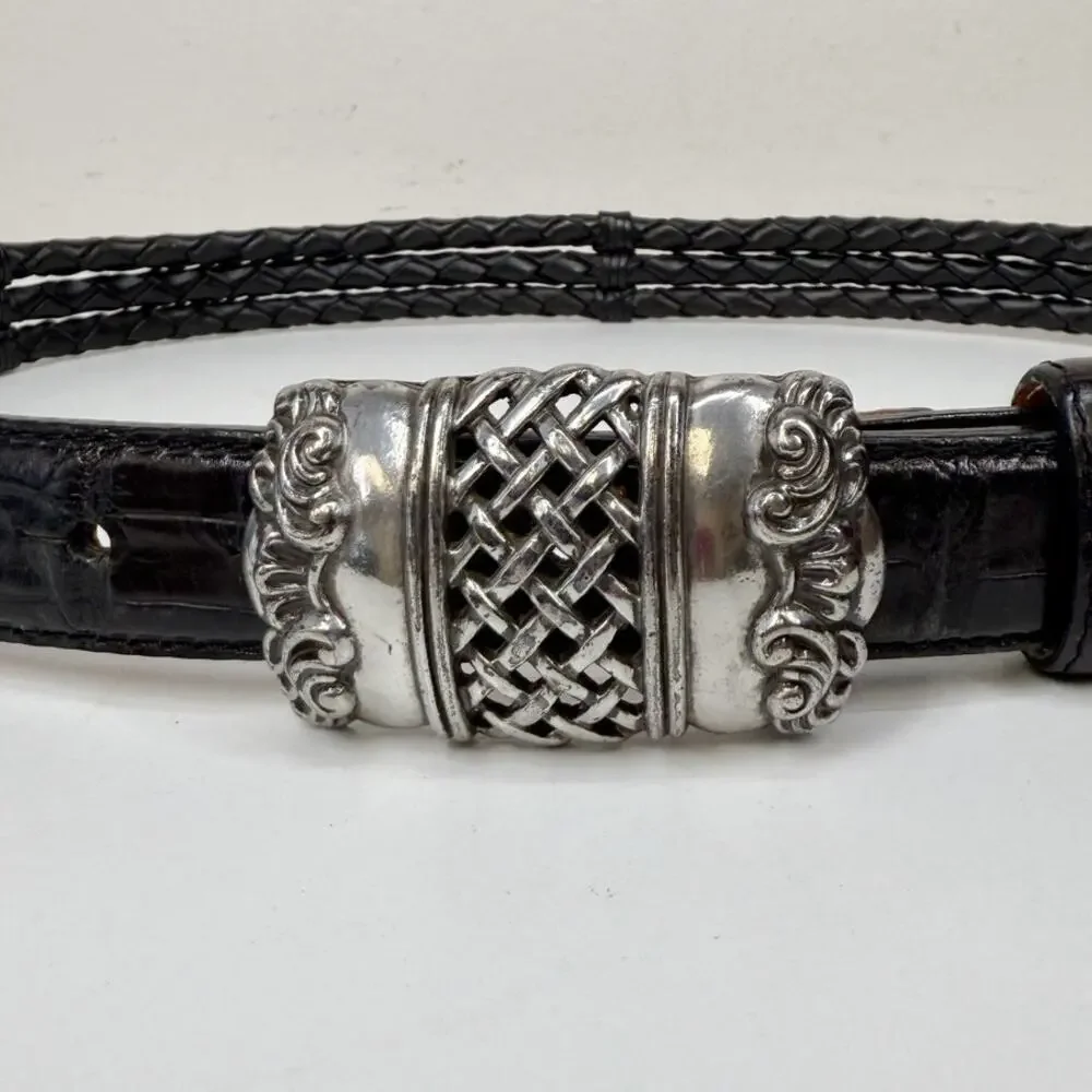 BRIGHTON Braided Woven Leather Belt Black Silver Square Buckle 90603 Womens Sz M